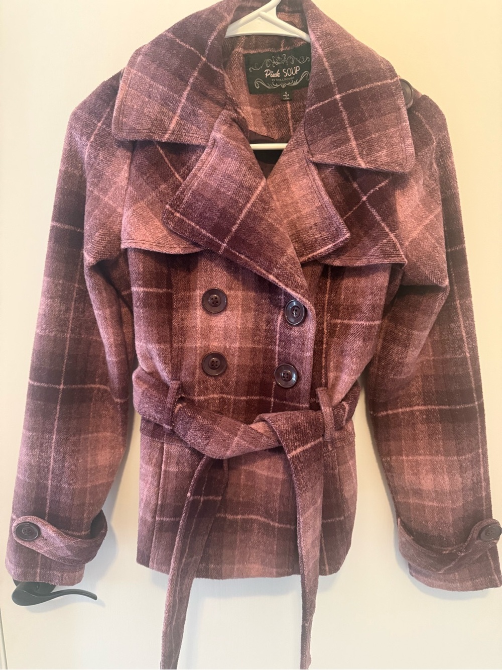 Dollhouse Mauve Plaid Double-Breasted Belted Peacoat. EUC